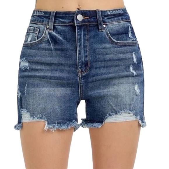 Risen high rise. Distressed jean shorts. - Picture 1 of 9